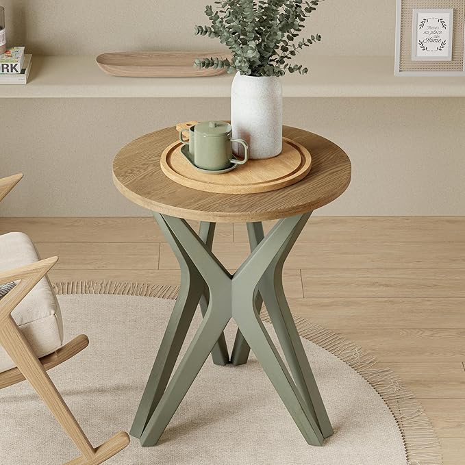 LONYKE Pedestal Farmhouse End Table, Distressed Top with Tripod Base Bedside Table for Living Room, Modern, Boho, Round, Sage Green