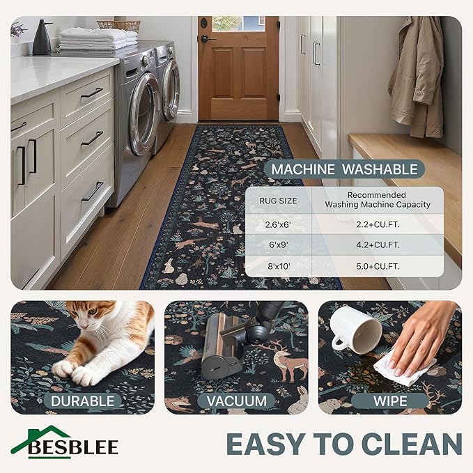 Washable Rugs 8x10 Rug for Living Room,Floral Animal Print Area Rug, Non Slip Low Pile Carpet for Bedroom, Dining Room, Nursery,Playroom, Black