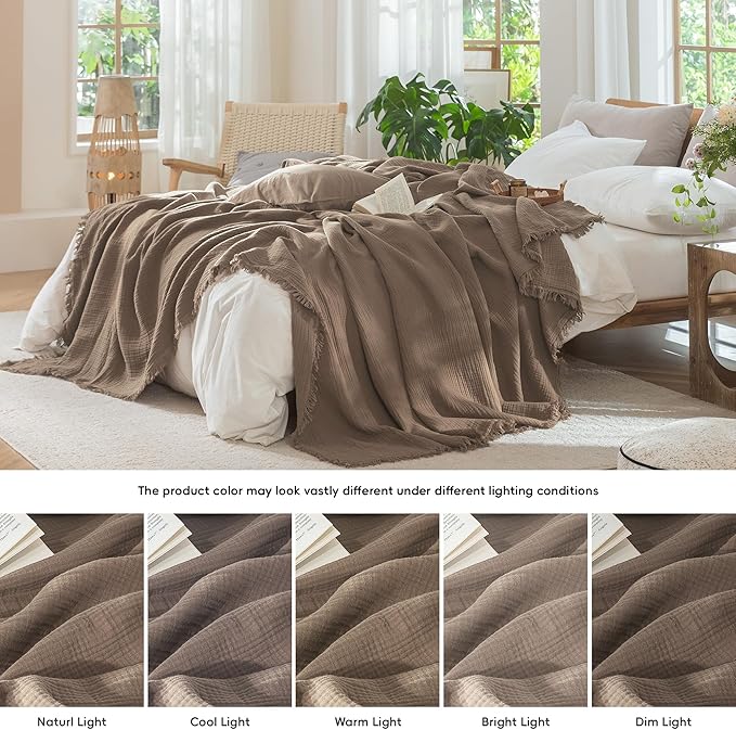 MooMee Muslin Blanket - 100% Cotton 4-Layer Gauze Throw Blanket with Tassels Ultra-Soft Breathable Lightweight Cooling for Bed Couch (Brown,Oversize Queen 98" x 98")