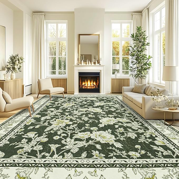 Olive Green Floral Print Area Rugs for Bedroom Living Room Boho Farmhouse Country Rustic Dining Room Carpet Soft Washable Rugs Non Slip Floor Covering for Nursery Playroom 9x12