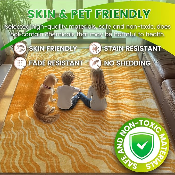Washable 9x12 Sun Area Rug for Living Room, Retro Brown Sun Modern Boho Large Area Rugs, Ultra Thin Low Pile Lightweight Indoor Carpet Mat with Non-Slip Backing for Bedroom Kids Nursery Play Room