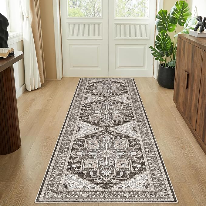 WITSHOCK Black Wshable Runner 3x12: Long Runner Rug Boho Soft Low Pile Stain Resistant Foldable Carpet for Bedroom Hallway Entryway Kitchen Indoor Entrance, Vintage Distressed Farmhouse Home Decor