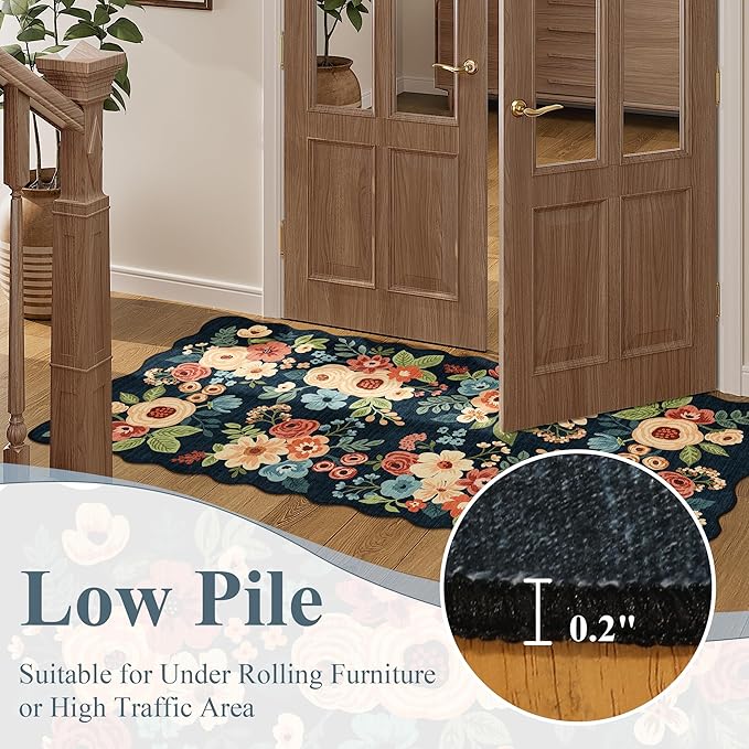 DUKINO 2x6 Runner Rug for Hallway, Washable Kitchen Rug with Non Slip Backing & Non-Shediing, Soft Low Pile Floral Design Runner for Bedroom, Kithchen, Living Room, Laundry, Bathroom, Navy Blue