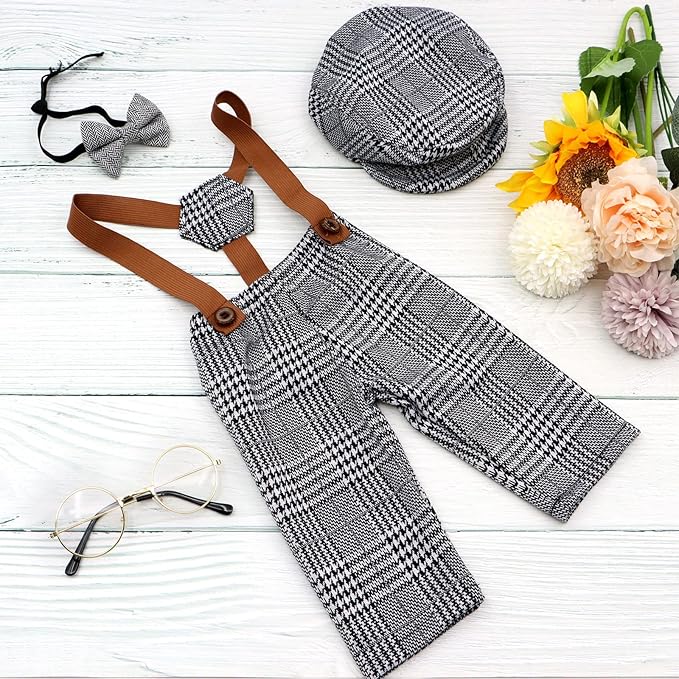 SPOKKI 4 Pcs Newborn Baby Photo Props, Lattice Rompers Suspender Pants with Beret Glasses Bow Tie for Infant Boys' Costumes, Newborn Boy Photography Outfit Set (Grey)
