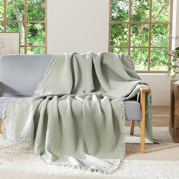 MooMee Muslin Blanket - 100% Cotton 4-Layer Gauze Throw Blanket with Tassels Ultra-Soft Breathable Lightweight Cooling for Bed Couch (Sage Green, Queen 90" x 90")