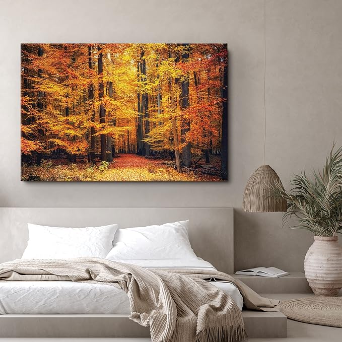 SIGNWIN Canvas Print Wall Art Golden Red Autumn Tree Leaf Forest Trail Nature Wilderness Photography Modern Art Rustic Landscape Relax/Calm Multicolor for Living Room, Bedroom, Office - 24x36