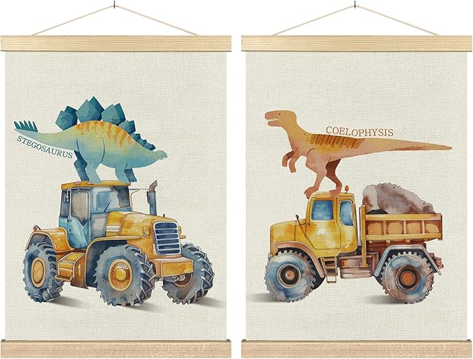 BCUANGD Dinosaur and Construction Truck Wall Decor - Dino Poster Hanger with Wood Frames Set of 2, Kids Car Vehicles Wall Hanging Canvas Decor for Kids Room Nursery Playroom, 12x16 Inches 482