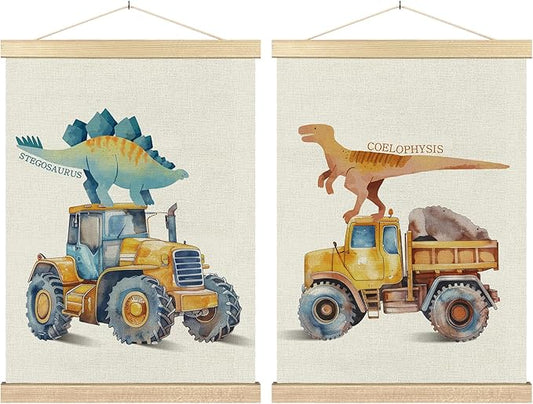 BCUANGD Dinosaur and Construction Truck Wall Decor - Dino Poster Hanger with Wood Frames Set of 2, Kids Car Vehicles Wall Hanging Canvas Decor for Kids Room Nursery Playroom, 12x16 Inches 482
