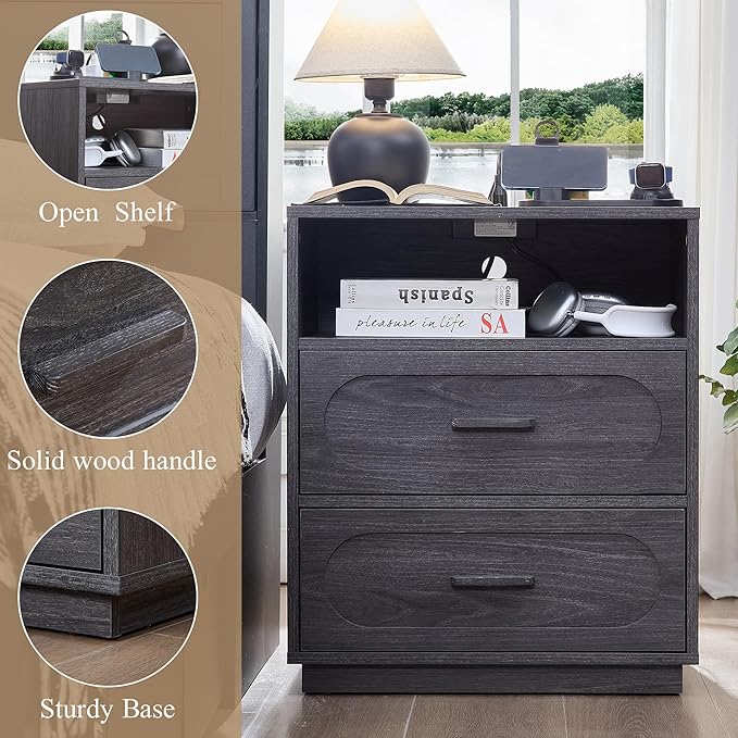 Grey Nightstand Set of 2 with Charging Station, End Table with 2 Drawers Storage, Space-Saving Wood Storage Cabinet with Unique Base Design, Bedside Table for Bedroom, Living Room