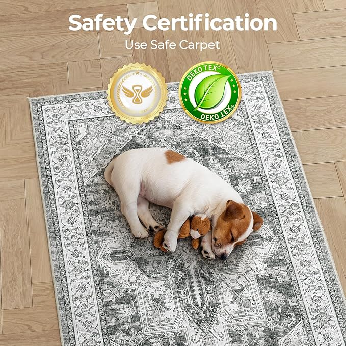 WITSHOCK Boho Area Rugs Machine Washable for Living Room Bedroom, 2x6 Vintage Non-Slip Stain Resistant Floor Carpet Indoor for Bedroom Kitchen Entryway Bathroom, Gray