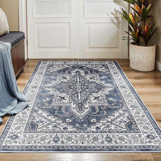 WITSHOCK Living Room Area Rugs 4x6: Washable Rug Boho Soft Non-Slip Low Pile Stain Resistant Foldable Carpet for Bedroom Playroom Dining Room Office Kitchen Farmhouse Home Decor Rug-Blue