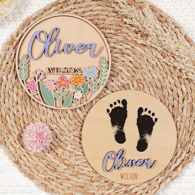 Personalized Birth Announcement Sign for Hospital, UV Printed Wooden Floral Baby Name Sign, Newborn Announcement Sign Disc (Design 02)