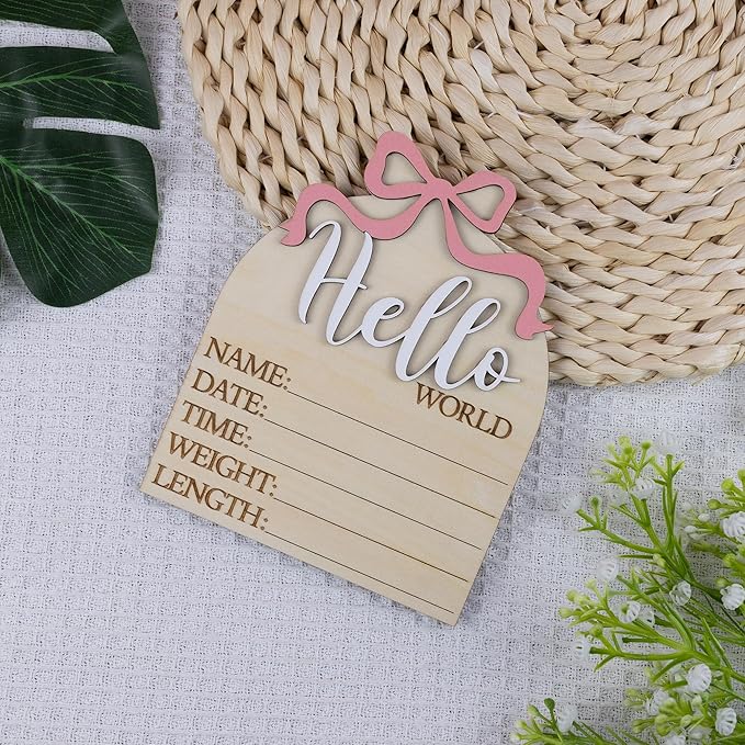 Baby Announcement Sign 6.5 Inch Wooden Hello World Newborn Welcome Sign Birth Name Plaques for Photo Props Shower Hospital Nursery (Wood Bow)