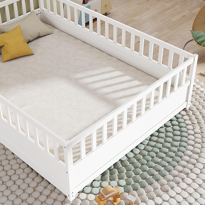 GDFStudio Full Size Floor Bed Frame with Opening Door & Guardrails, Montessori Toddler Full Bed Frame for Boys Girls, Wooden Low to Floor Bed Rails for Toddlers, Support Slat, White
