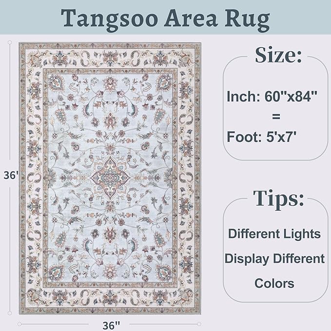 Tangsoo 5x7 Washable Area Rug, Non Slip Boho Persian Rug for Living Room Bedroom, Vintage Light Blue Floral Indoor Carpet, Soft Low Pile Mats for Bathroom Office Laundry Kid & Pets Friendly Home Decor