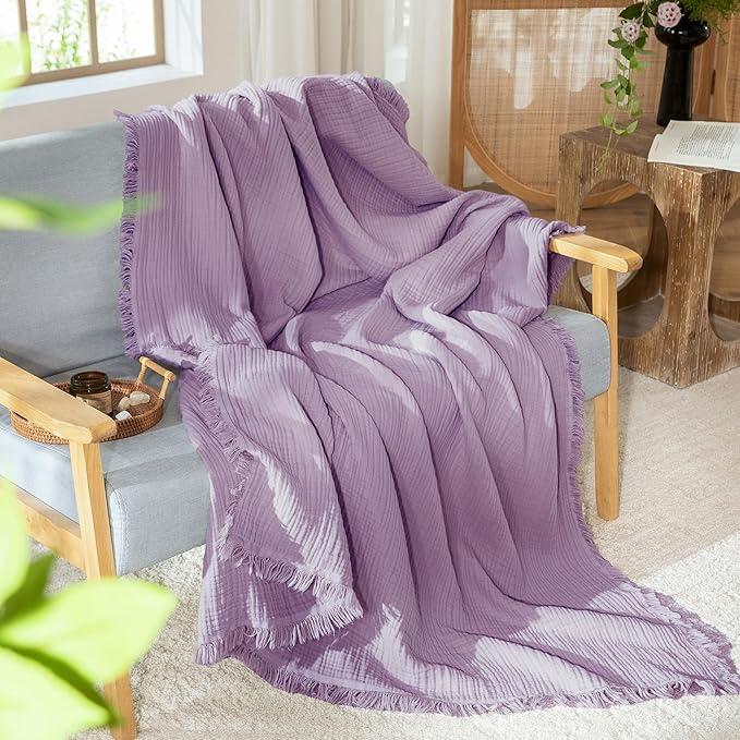 MooMee Muslin Blanket - 100% Cotton 4-Layer Gauze Throw Blanket with Tassels Ultra-Soft Breathable Lightweight Cooling for Bed Couch (Light Purple,Throw 60" x 50")
