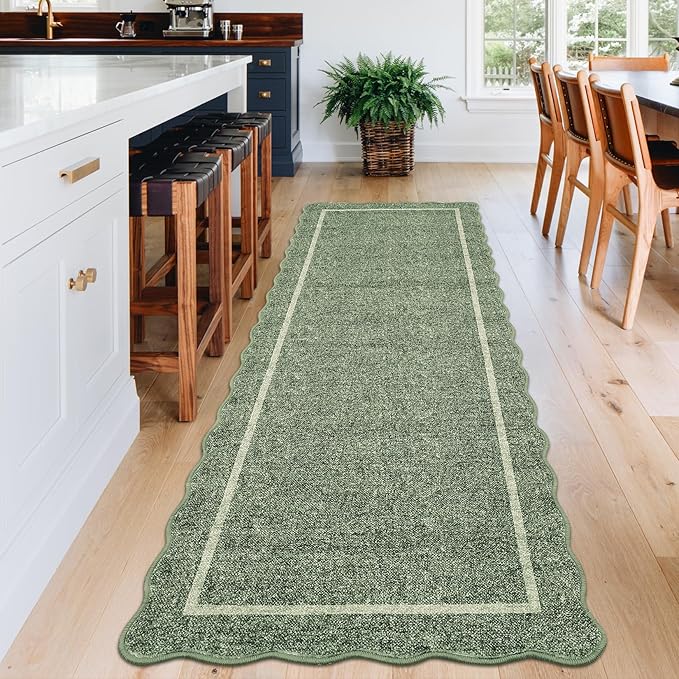 GarveeHome Scalloped Washable Runner Rug 2x8 Runner Modern Non Slip Kitchen Rugs Entryway Rug Farmhouse Soft Bathroom Rugs Stain Resistant Carpet for Hallway Laundry Bedroom 2 ft x8 ft Greyish Green
