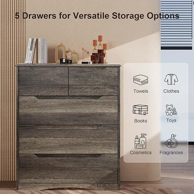 Gizoon 5 Drawers Chest, Dark Brown Dresser for Bedroom with Large Storage Capacity, Chest of Drawers with Embedded Handle, Sturdy Anti-Tripping Device for Hallway, Office, Living Room