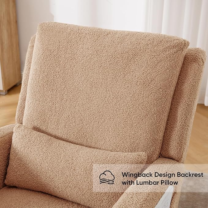 Rocking Chair Nursery, Nursing Rocking Chairs, Upholstered Nursery Glider Rocker Wingback Morden Rocking Chair with Lumbar Pillow for Mom Nursery, Living Room, Bedroom, Teddy Khaki
