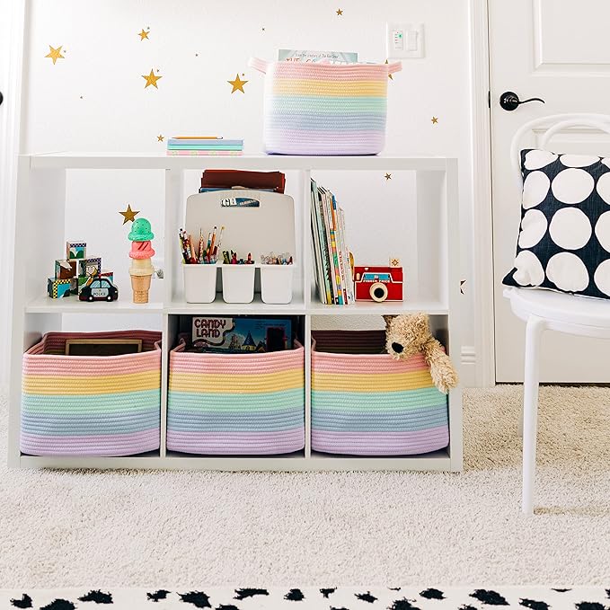 OrganiHaus Rainbow Woven Storage Baskets for Organizing, Cotton Rope Organizer Bins for Shelves, Closet & Nursery, Dog Toy Basket, Decorative Bins for Toys, Towels & Books - 15x10x9