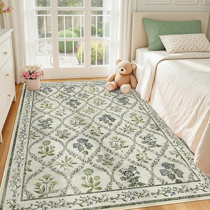Floral Rugs for Girls, 5x7 Boho Washable Area Rug for Living Room, Cute Ultra-Thin Non Slip Indoor Decor Carpet for Nursery Kids Room Bedroom Playroom, Ivory Multi
