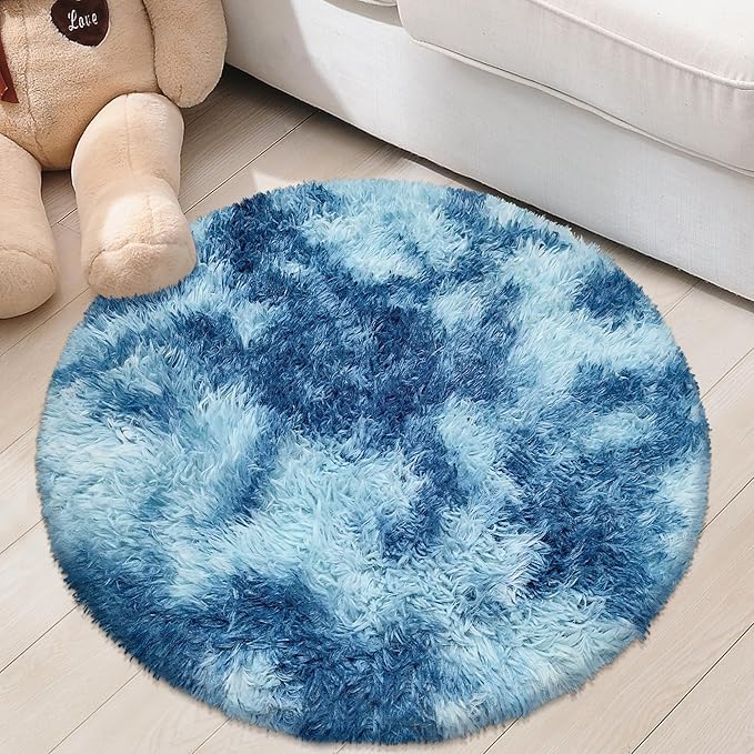 Round Rug 3 ft Blue Circle Area Rug,Tie Dyed Soft Shaggy Circle Rug Fluffy Plush Round Carpet for Kids Girls Boys Room Baby Nursery Living Room Playroom Home Decor