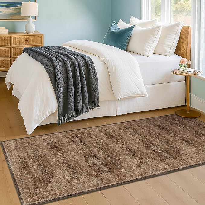 Boho Washable 2x8 Long Rugs for Hallway, Non Skid Front Door Runner Indoor Entrance, Floral Vintage Carpet for Kitchen, Non Slip Low Pile Stain Resistant Soft Mat (Gold Brown)