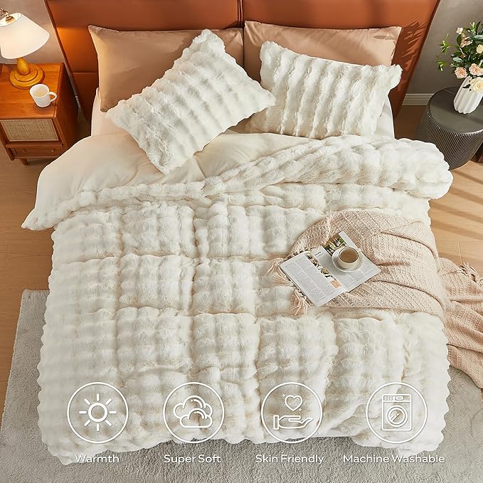 JELLYMONI Plush Duvet Cover Set - Twin Size Beige Faux Fur Comforter Cover 2pcs Bedding Set Luxury Ultra Soft Striped Fluffy Duvet Cover with Zipper and 1 Pillowcase (NO Comforter)