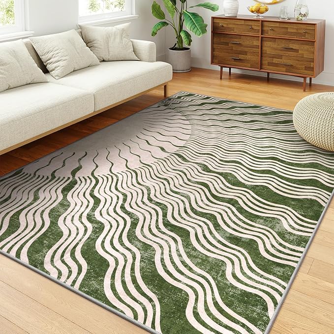 Boho Washable Rug 6x9, Soft 6x9 Green Rugs for Living Room Classroom, Ultra-Thin Non Slip Bedroom Rug Stain Resistant Large Carpet for Dining Room Nursery(6'x9',Green/Multi)