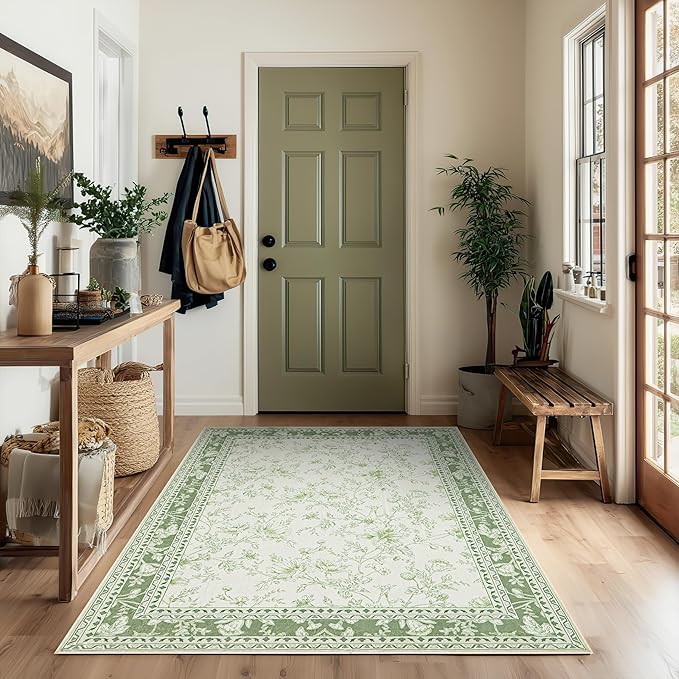 Green and Cream Area Rug 3x5 for Entryway Machine Washable Small Rug for Indoor Kitchen Bedroom Low Pile Vintage Peony Floral Print for Dining Living Room Non-Slip Sage Light Green Boho Decor