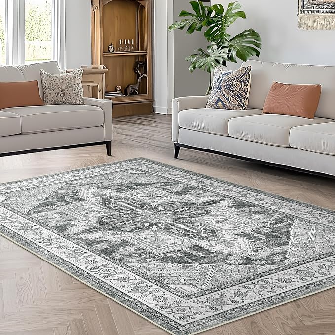 WITSHOCK Living Room Area Rugs 5x7: Washable Rug Boho Soft Non-Slip Low Pile Stain Resistant Foldable Carpet for Bedroom Playroom Dining Room Office Kitchen Farmhouse Home Decor Rug-Gray