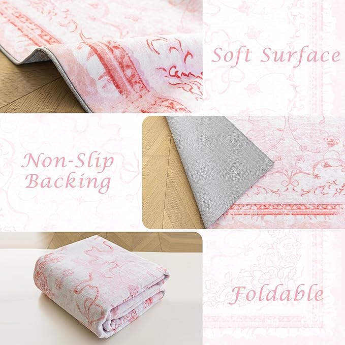 Pink Rug for Bedroom Girl Nursery - Bow Kids Rugs, Cute Coquette Teen Girls Room Decor Aesthetic, Pastel Christmas Rug 5x7, Washable Vintage Cottage Core Area Rugs for Playroom Toddler Baby Dorm