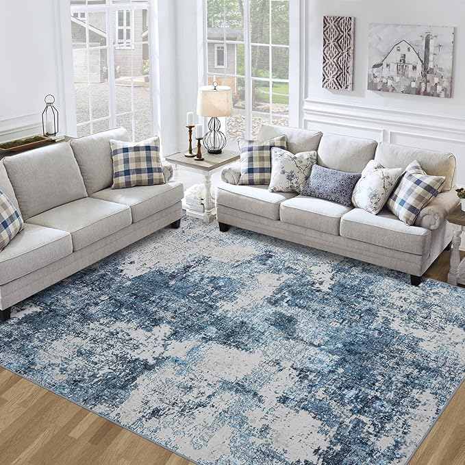 8x10 Area Rug for Living Room Bedroom: Large Washable Rug with Anti-Slip Backing Non-Shedding Stain-Resistant Soft Abstract Carpet for Dining Room Nursery Home Office (Blue)
