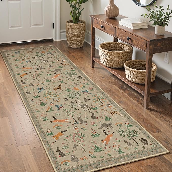 Runner Rug Non Slip 2'6''x 6', Floral Animal Print Rug Machine Washable Rug, Non Slip Low Pile Hallway Runner Carpet for Kitchen, Laundry, Bedroom, Bathroom, Light Taupe