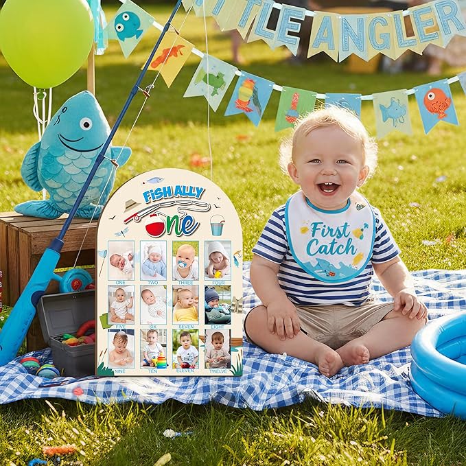 R HORSE My First Year Photo Display Wood Board - Baby’s First Year Picture Frame, 12 Months Milestone Board, 3D Fishing Neutral Baby Keepsake Gift One Year Old Birthday Nursery Decor for Girl Boy