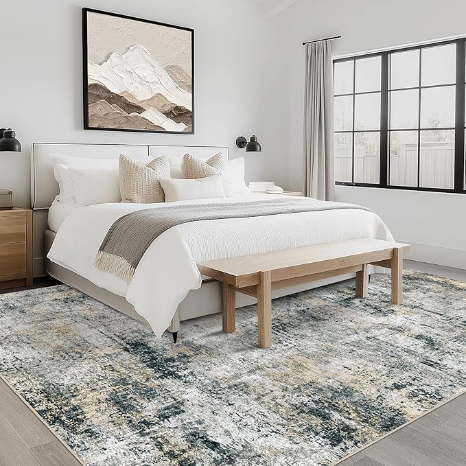 Area Rug Living Room Rugs: 5x7 Washable Rug with Anti-Slip Backing Non-Shedding Stain-Resistant Foldable Modern Abstract Carpet for Bedroom Dining Room Nursery Hallway Home Office Black Grey Brown