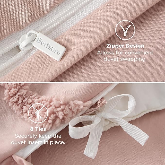 Bedsure Boho Duvet Cover Queen Size - Rose Pink Tufted Boho Bedding, Farmhouse Shabby Chic Embroidery Bedding for All Seasons, 3 Pieces, 1 Soft Jacquard Queen Comforter Cover and 2 Pillow Shams