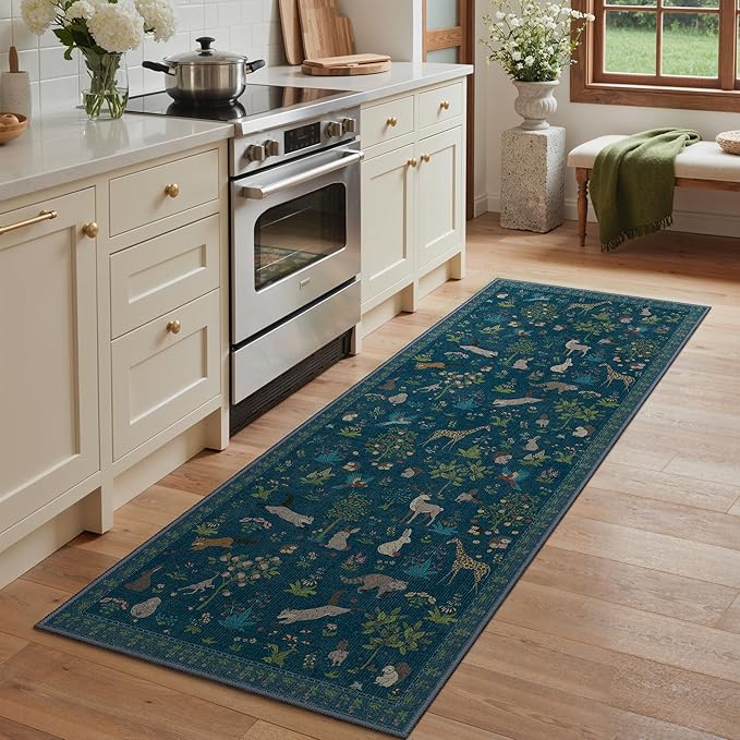 Runner Rug Non Slip 2'6''x 6', Floral Animal Print Rug Machine Washable Rug, Non Slip Low Pile Hallway Runner Carpet for Kitchen, Laundry, Bedroom, Bathroom, Midnight Blue