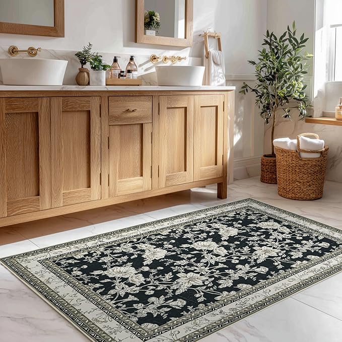 Black Floral Area Rug for Entryway 2x3 Washable Small Rug Low Pile Non Slip Distressed Entry Mat Soft Farmhouse Indoor Entrance Door Mat for Kitchen Bedroom Black with Beige Cream Taupe Floral Design
