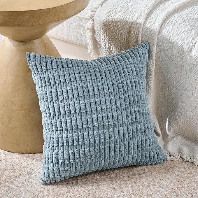 Fancy Homi 2 Packs Boho Light Blue Decorative Throw Pillow Covers 22x22 Inch for Couch Bed Sofa, Rustic Modern Farmhouse Home Decor, Soft Plush Corduroy Cute Square Cushion Case 55x55 cm