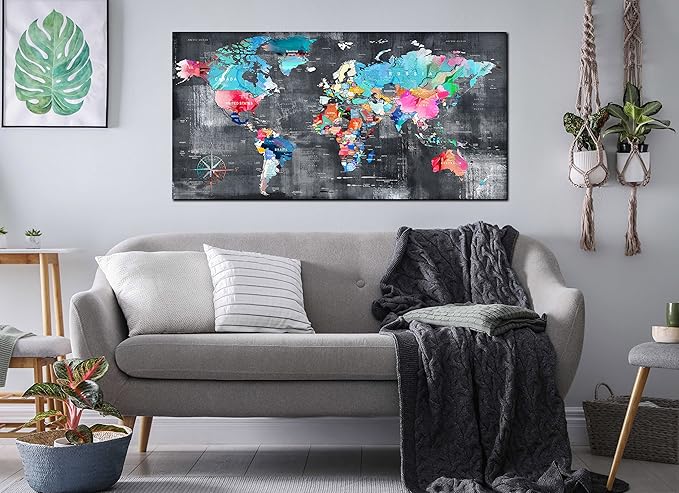 ZHAOSHOP Teal Wall-Art for Living Room - World Map Wall Decor - Large World Map for Wall Ready to Hang Size 59" x 29"…