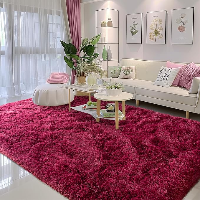 8x10 Rug - Non-Slip Area Rug Washable for Living Room - Height Pile Fluffy Throw Rugs Carpet for Bedroom - Burgundy