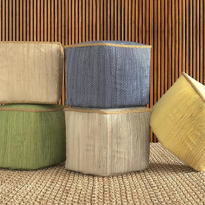 LR Home Indigo Bordered Transitional Hand-Loomed Cotton Pouf with Jute Braid for Home Decor | Farmhouse Cube Foot Rest for Bedroom & Living Room Decor | 18 x 18 x 18 Stuffed Ottoman for Seating