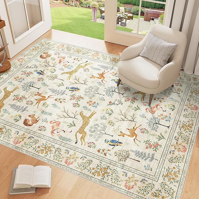 DUKINO 4x6 Rug, Washable Animal Area Rug with Non Slip Vintage Design, Indoor Soft Low Pile Carpet for Bedroom, Nursery, Dining Room, Farmhouse, Playroom, White