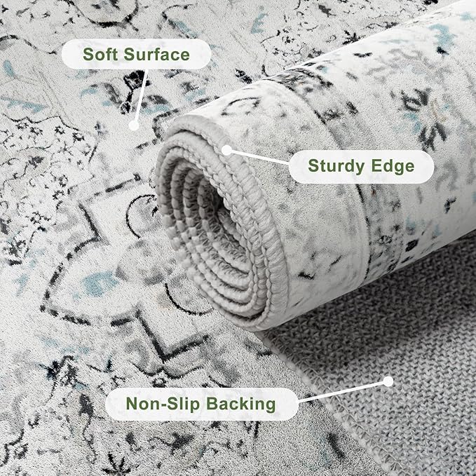 AMTOVO 2x3 Washable Entryway Area Rug Door Mat, Vintage Boho Distressed Print Pattern Non-Slip Carpet, Small Throw Rug for Indoor Entrance Kitchen Bedroom Bathroom Laundry Floor, Light Grey