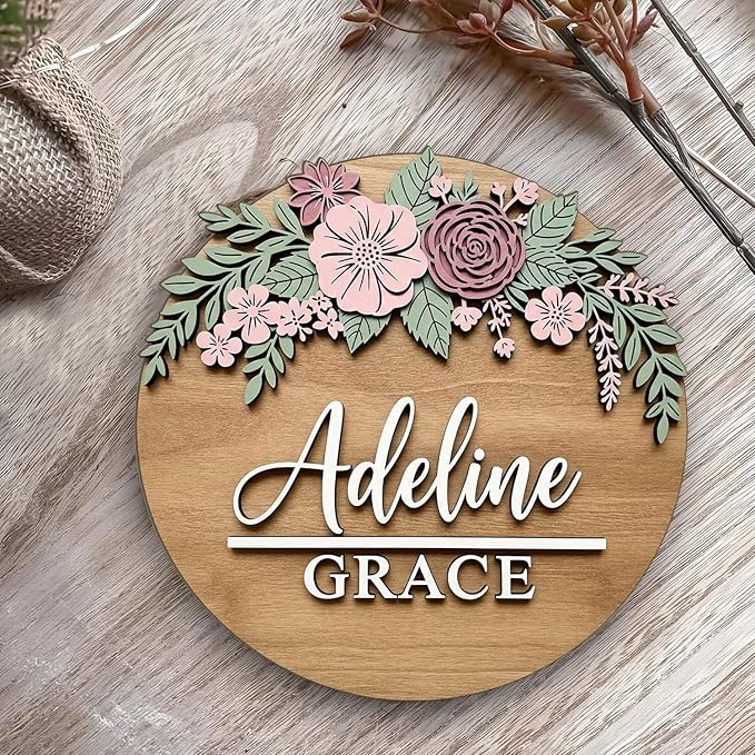 Personalized Wooden Nursery Sign with Engraved Name and Pink Flowers – Custom Baby Room Wall Decor and Keepsake Gift for Girls Baby Nursery Decor