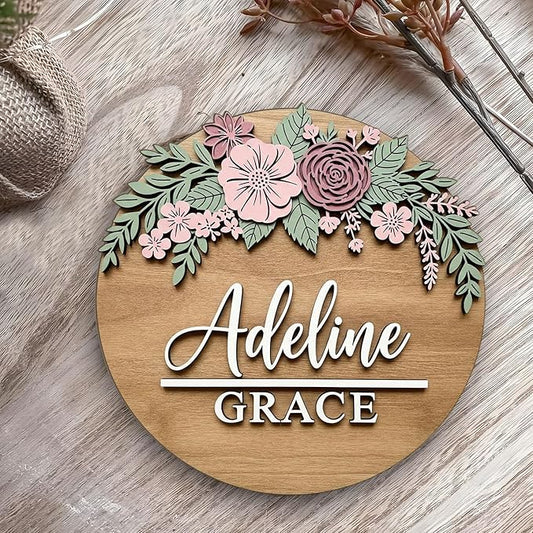 Personalized Wooden Nursery Sign with Engraved Name and Pink Flowers – Custom Baby Room Wall Decor and Keepsake Gift for Girls Baby Nursery Decor
