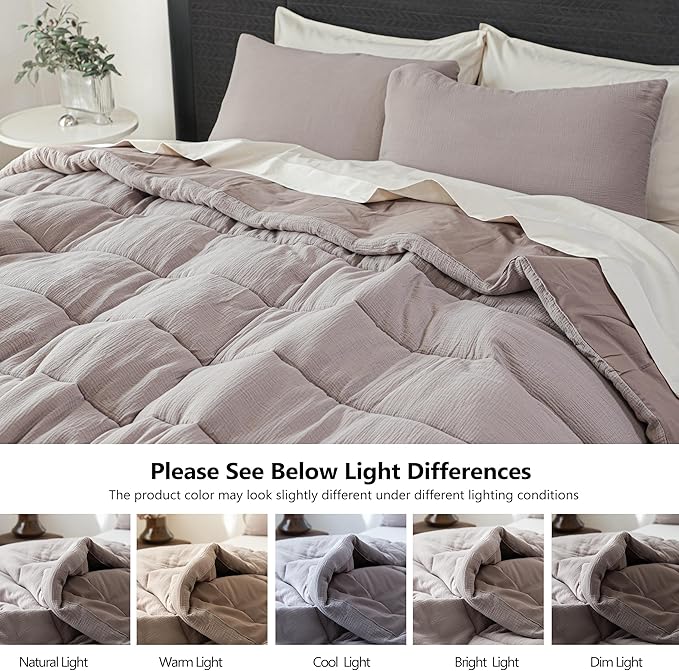Simple&Opulence 100% Cotton Muslin Comforter Set Queen Size, 3PCS Washed Cotton Gauze Comforter, Soft Lightweight All Seasons Bedding Sets with 2 Pillow Shams(Grey-Brown,Queen)