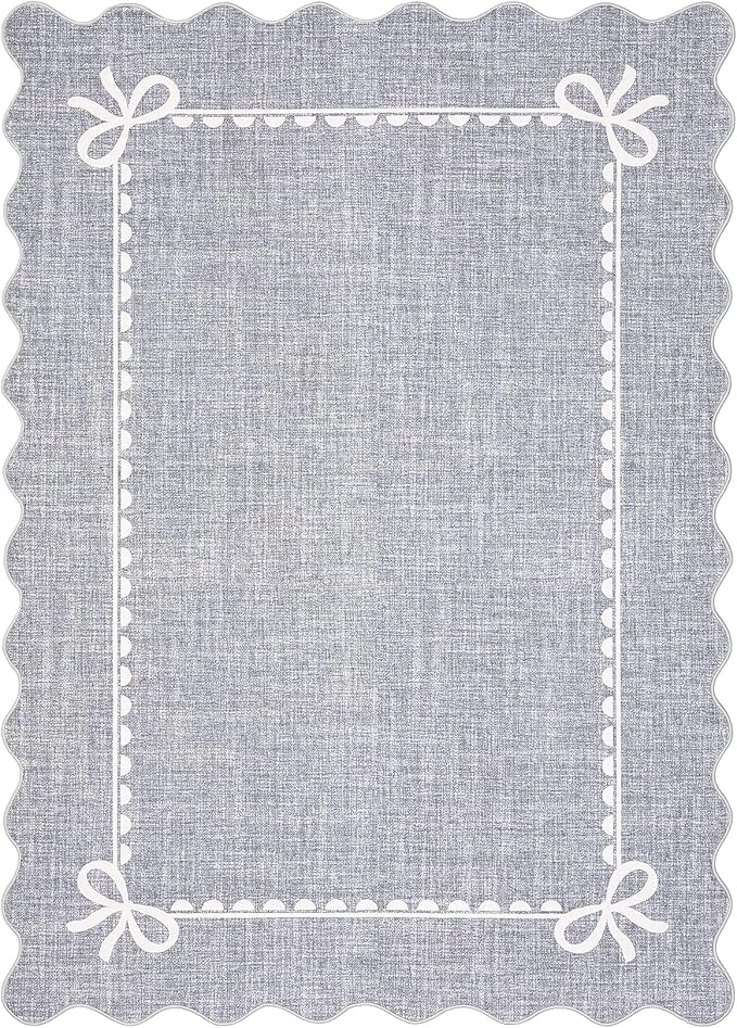 GarveeHome Scalloped Bow Rug for Living Room, Solid Grey Rug for Dorm, Washable Rugs 6x9 Soft Low Pile Non Slip Scalloped Rugs for Nursery College Bedroom Decor Kids Room Playroom
