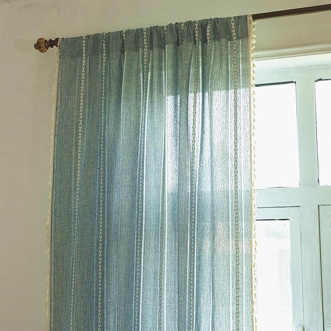 Deeprove Boho Curtains 108 Inches Long for Bedroom Living Room Patio, Bohemian Embroidery Cotton Linen French Country Window Treatment Tassel Drape Light Filter, W52 x L108 1 Panel, Denim Blue